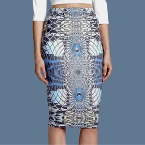 Leith Casual Faux Suede Abstract Print Blue/Yellow Pencil Skirt S EUC